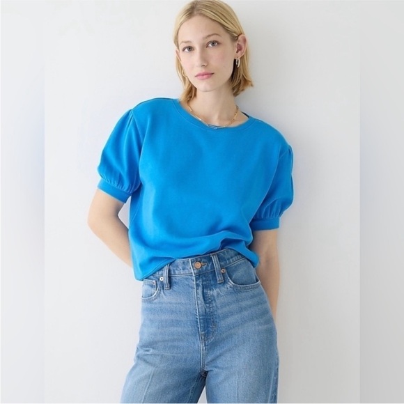 J. Crew Tops - J Crew Terry puff-sleeve sweatshirt Short Sleeve Bright Blue Size L